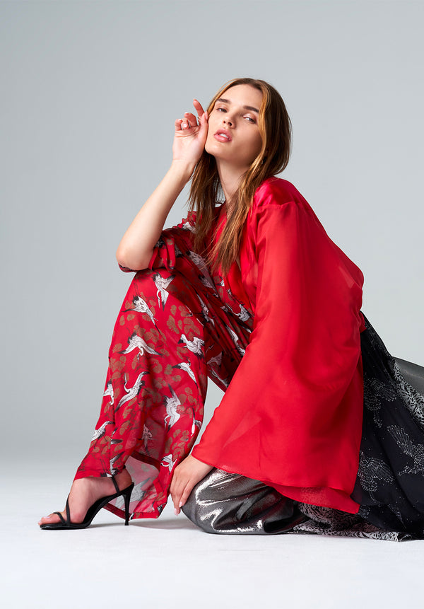 Silk Lamé/Red Crane Palazzo Pants