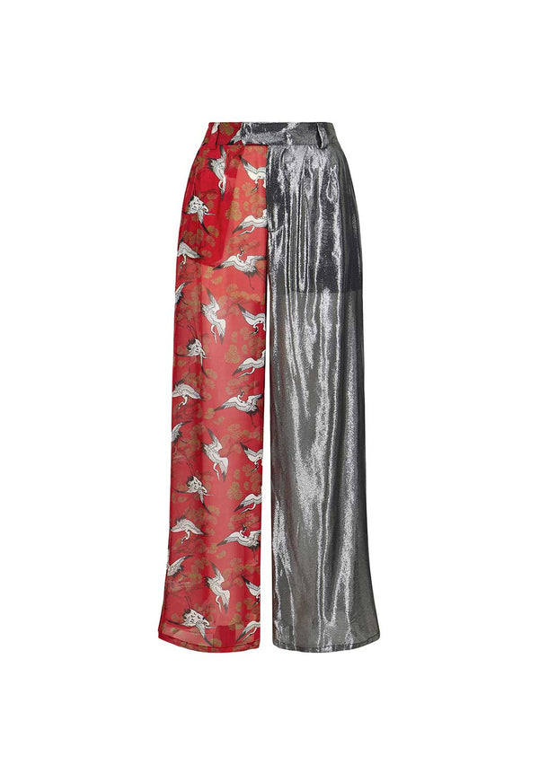 Silk Lamé/Red Crane Palazzo Pants