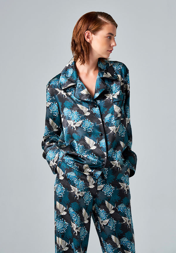 Teal Chrysants Flower Pajama Blouse